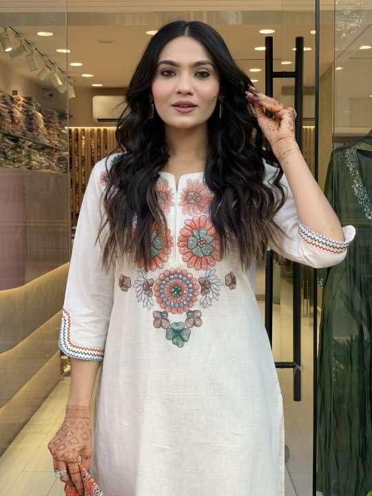 Embroidered White Kurti with Straight Pants For Women