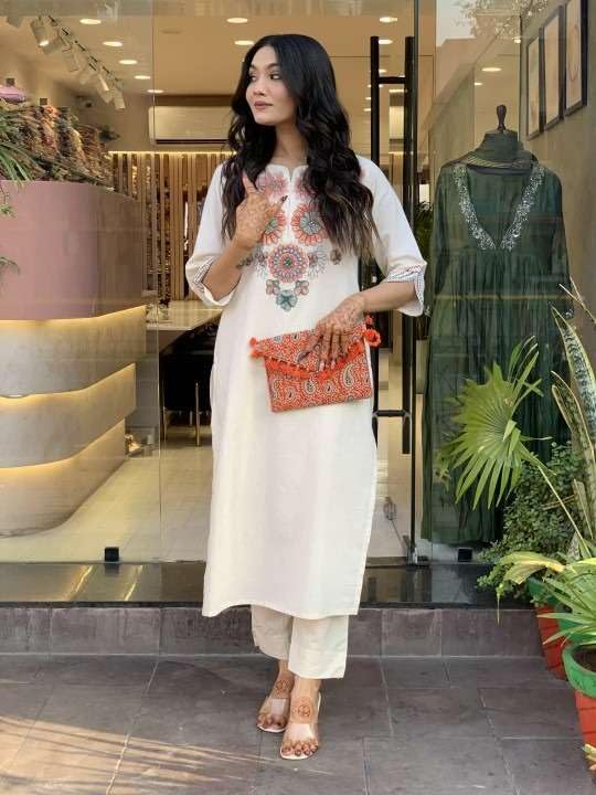 Embroidered White Kurti with Straight Pants For Women