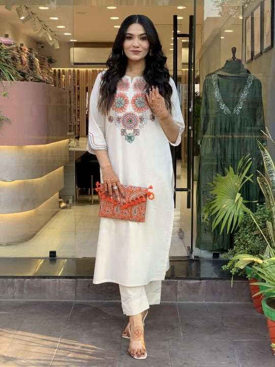 Embroidered White Kurti with Straight Pants For Women