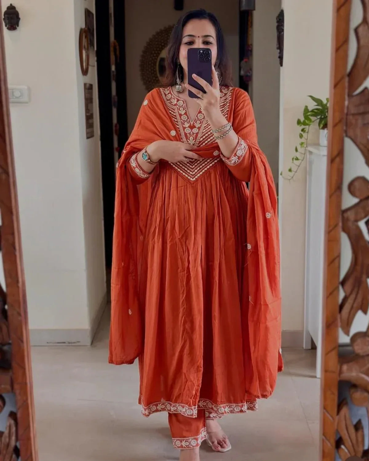 Elegant Rust Orange Anarkali Suit with Embroidered Detailing