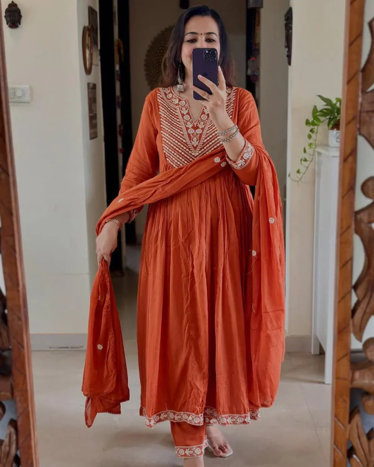Elegant Rust Orange Anarkali Suit with Embroidered Detailing