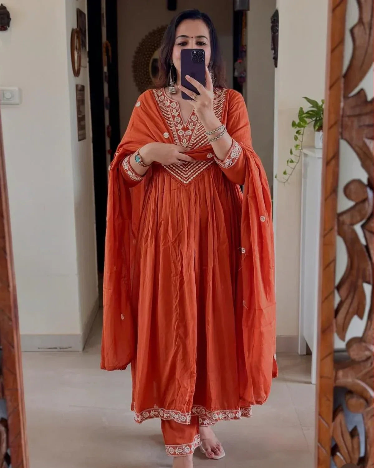 Elegant Rust Orange Anarkali Suit with Embroidered Detailing