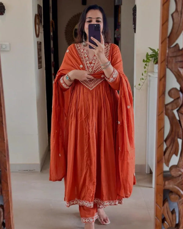 Elegant Rust Orange Anarkali Suit with Embroidered Detailing