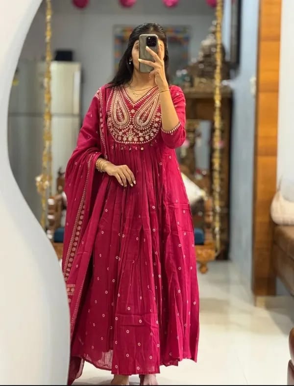 Fuchsia Pink Embroidered Anarkali Kurta Set with Dupatta
