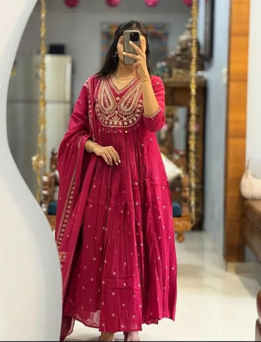Fuchsia Pink Embroidered Anarkali Kurta Set with Dupatta