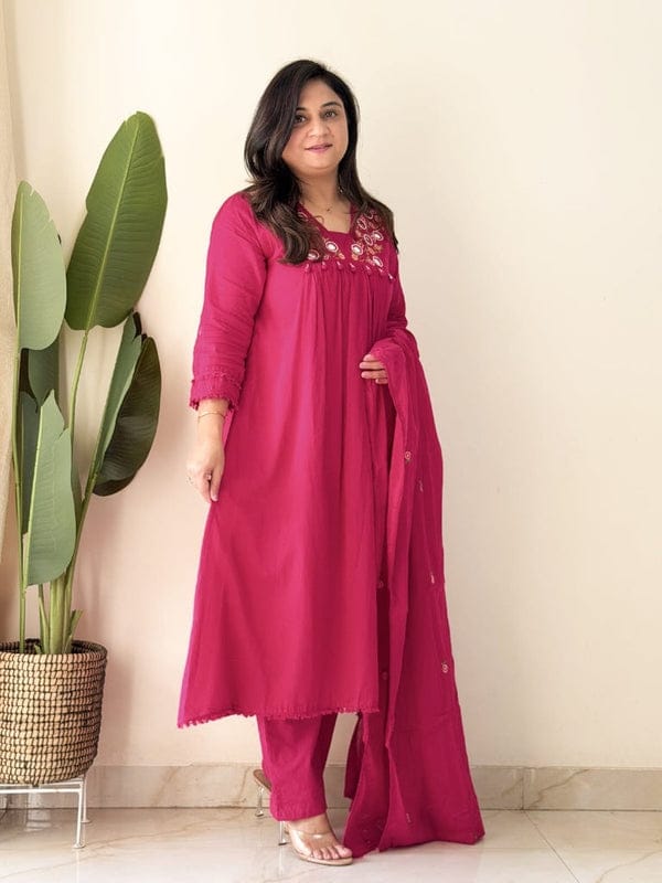 Fuchsia Pink Embroidered Kurta Set with Dupatta