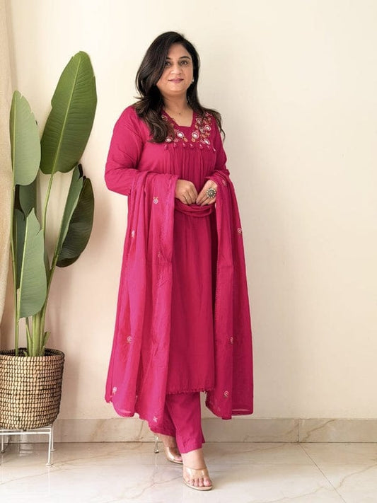Fuchsia Pink Embroidered Kurta Set with Dupatta