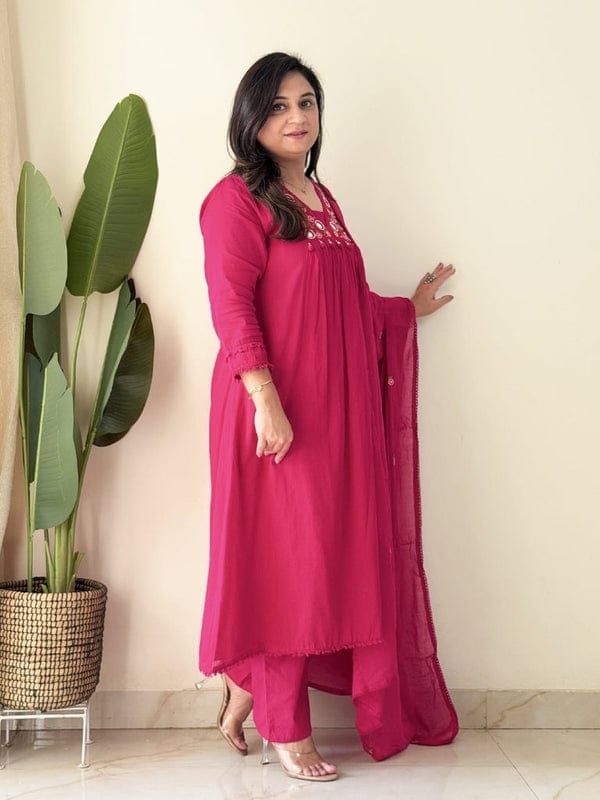 Fuchsia Pink Embroidered Kurta Set with Dupatta