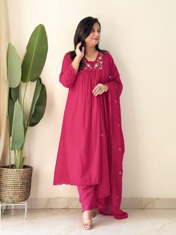 Fuchsia Pink Embroidered Kurta Set with Dupatta