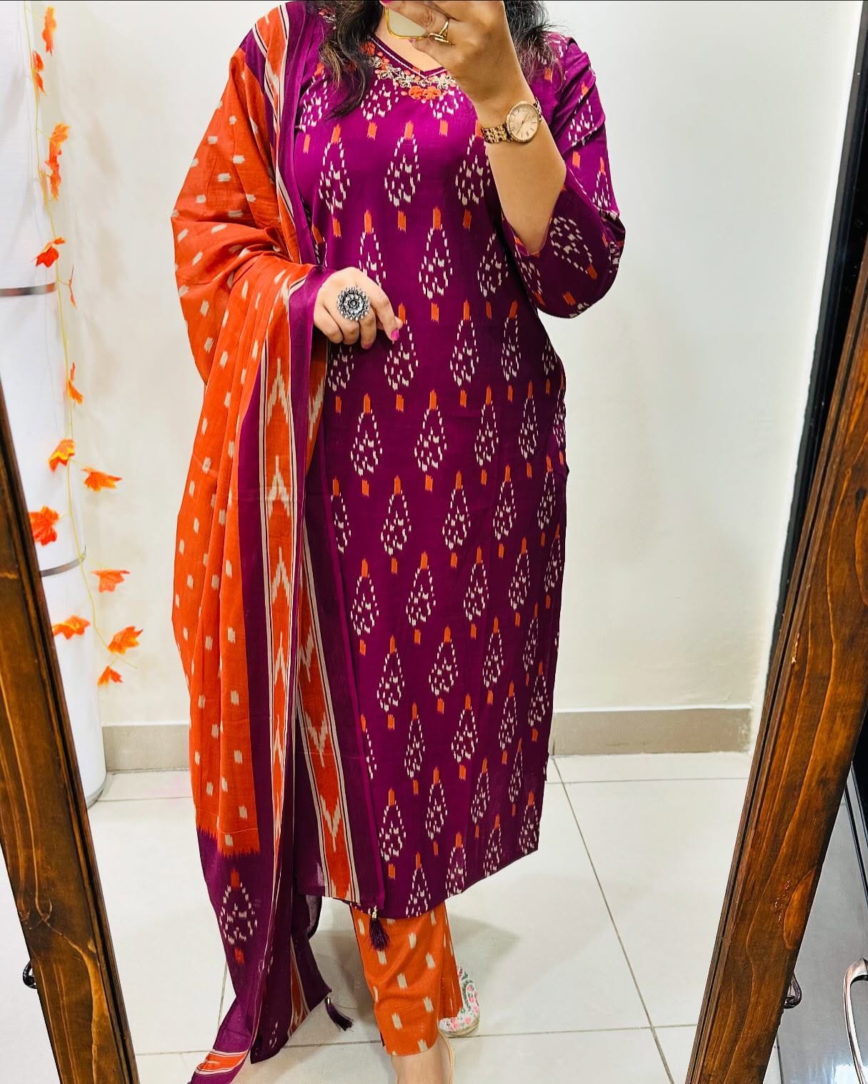 Wine Cotton Ikkat Printed Kurti With Pant & Dupatta Set | For Women