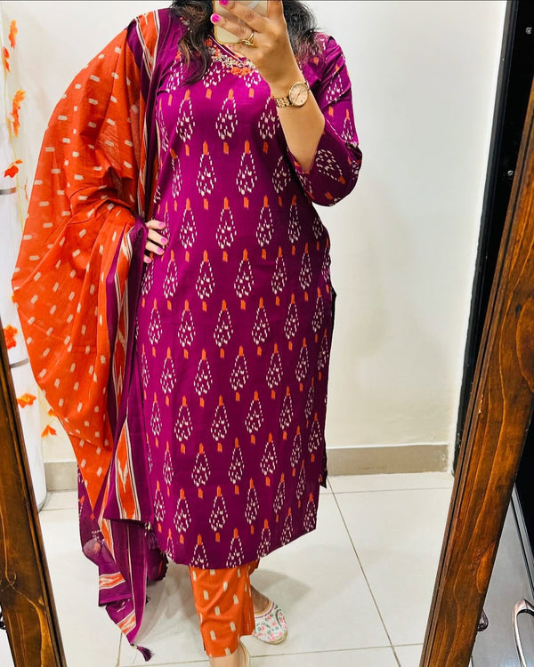 Wine Cotton Ikkat Printed Kurti With Pant & Dupatta Set | For Women