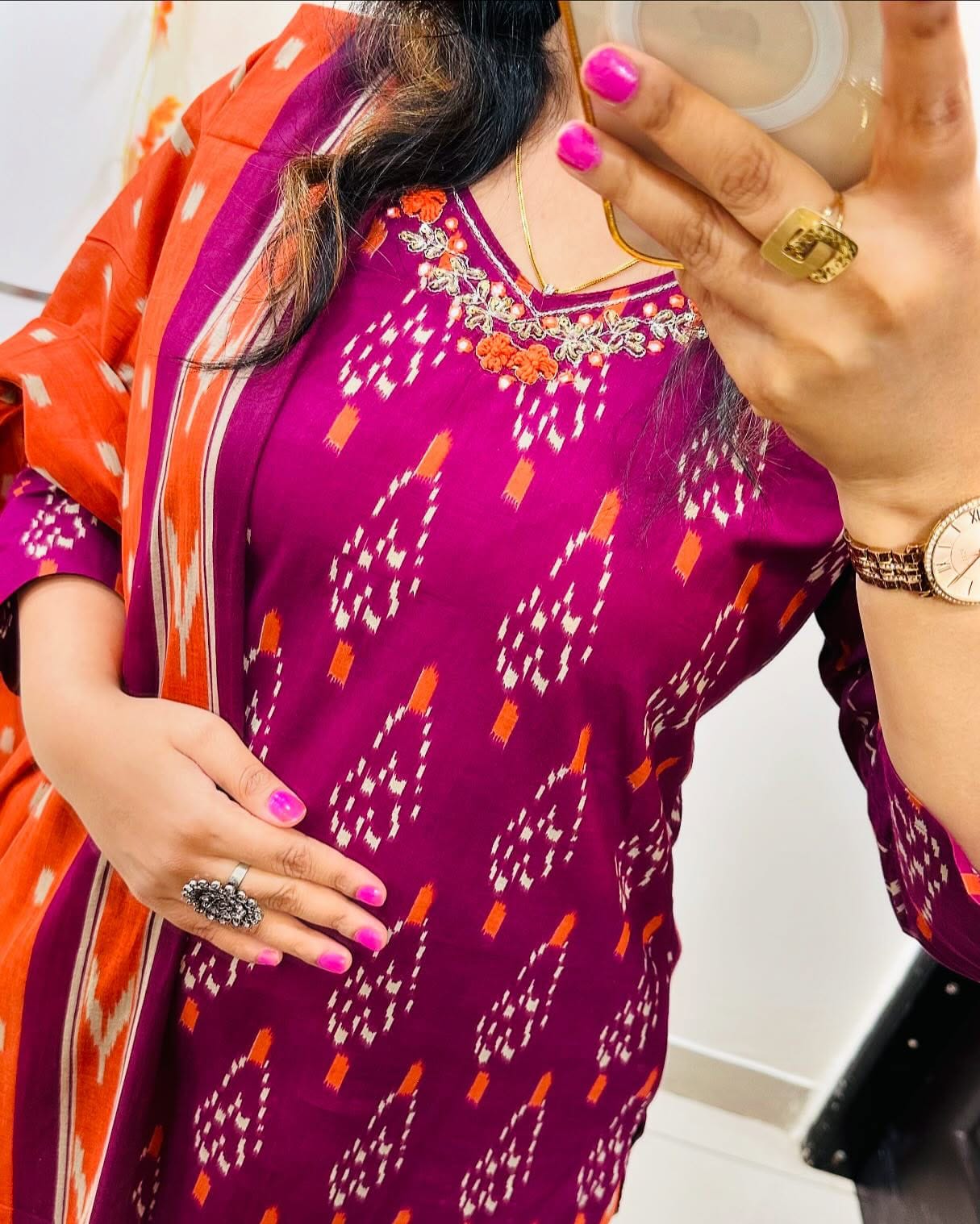 Wine Cotton Ikkat Printed Kurti With Pant & Dupatta Set | For Women
