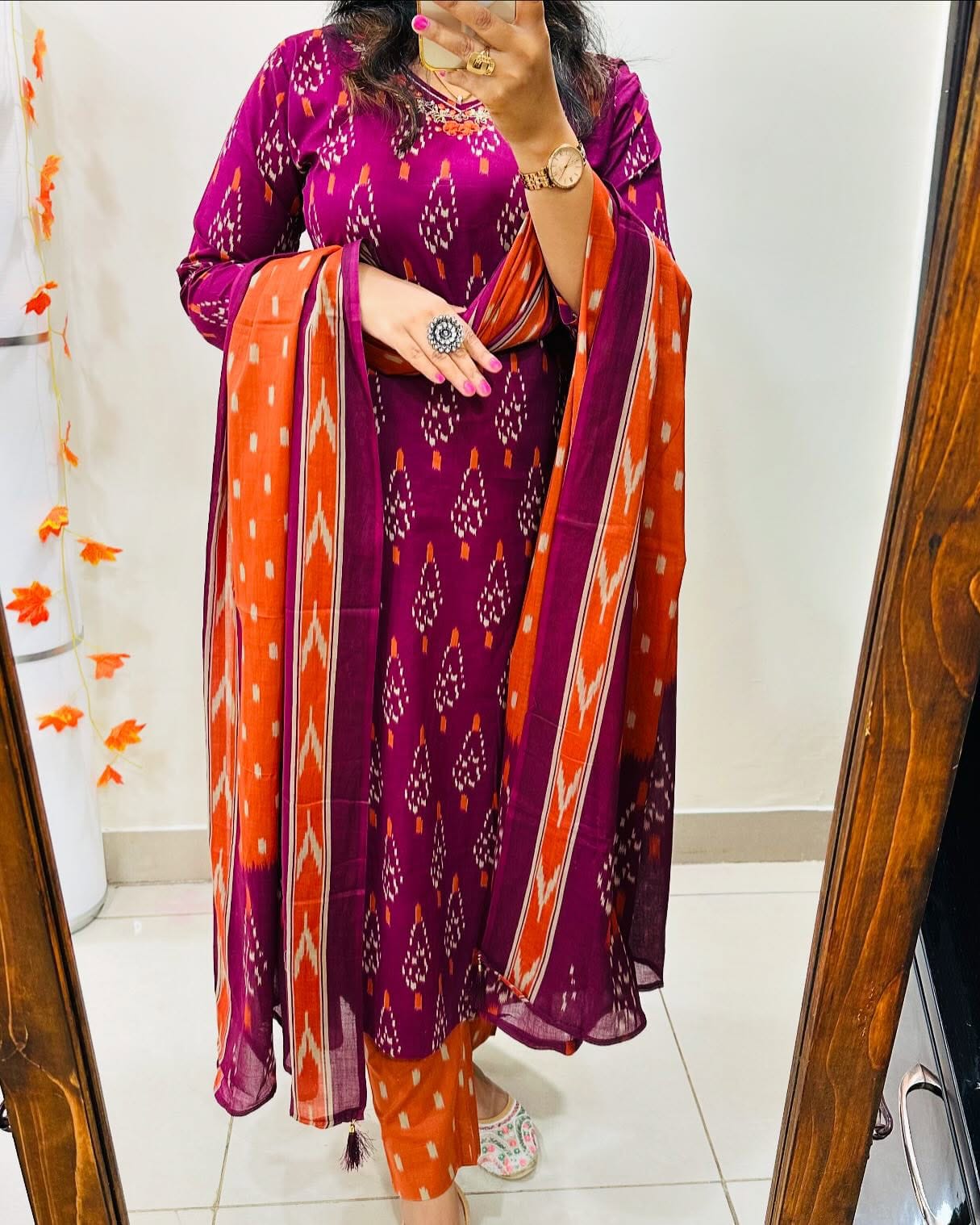 Wine Cotton Ikkat Printed Kurti With Pant & Dupatta Set | For Women