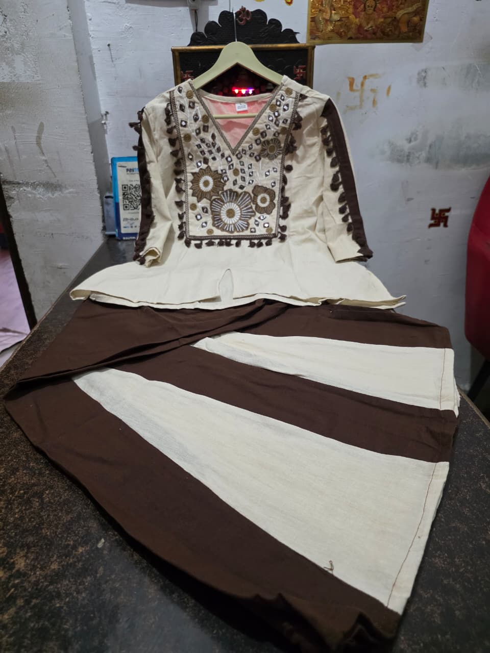 Ivory & Mocha Brown Embroidered Co-Ord Set with Flared Palazzo Pants