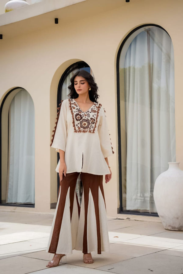 Ivory & Mocha Brown Embroidered Co-Ord Set with Flared Palazzo Pants