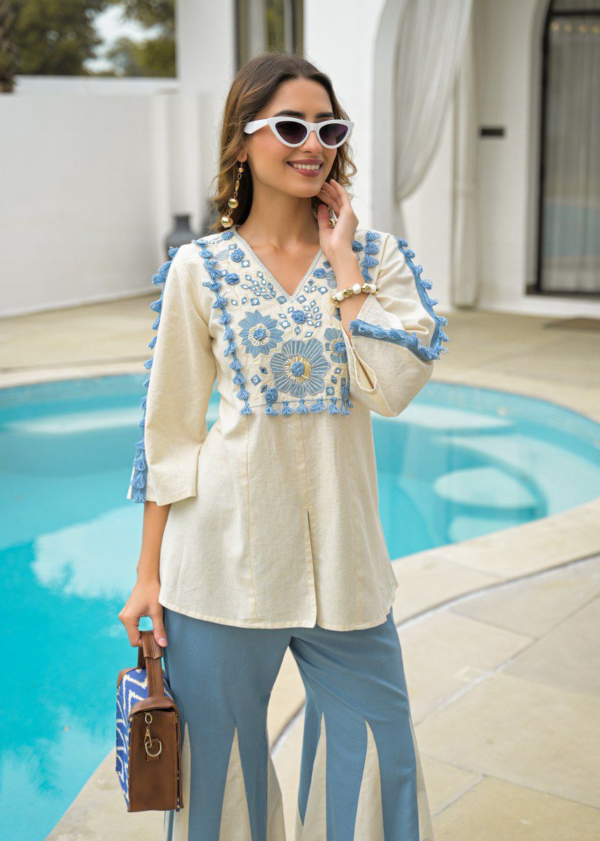Ivory & Powder Blue Embroidered Co-Ord Set with Flared Pants