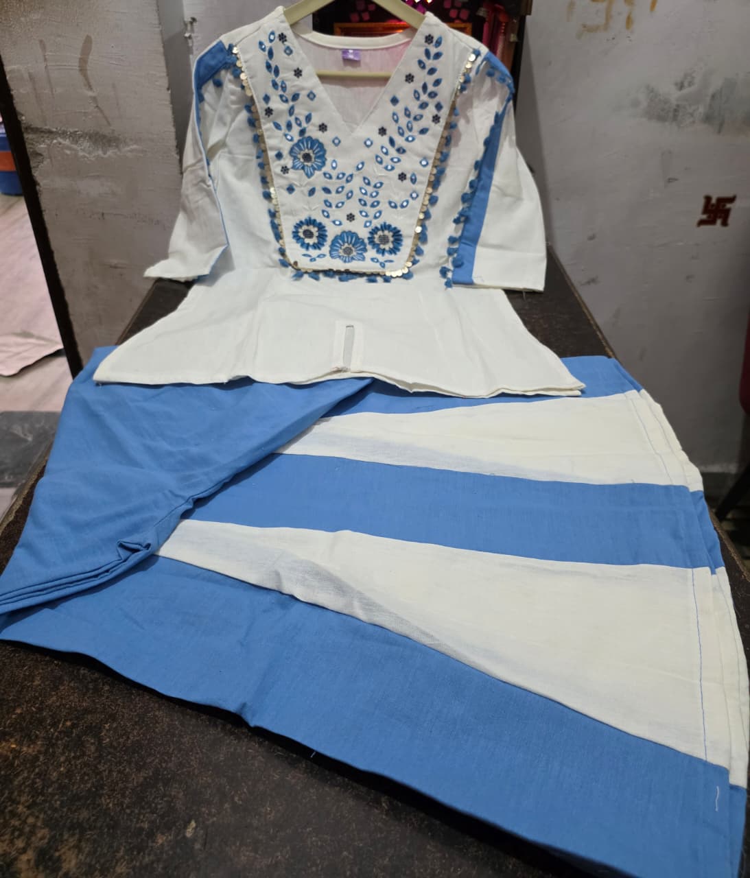 Ivory & Powder Blue Embroidered Co-Ord Set with Flared Pants