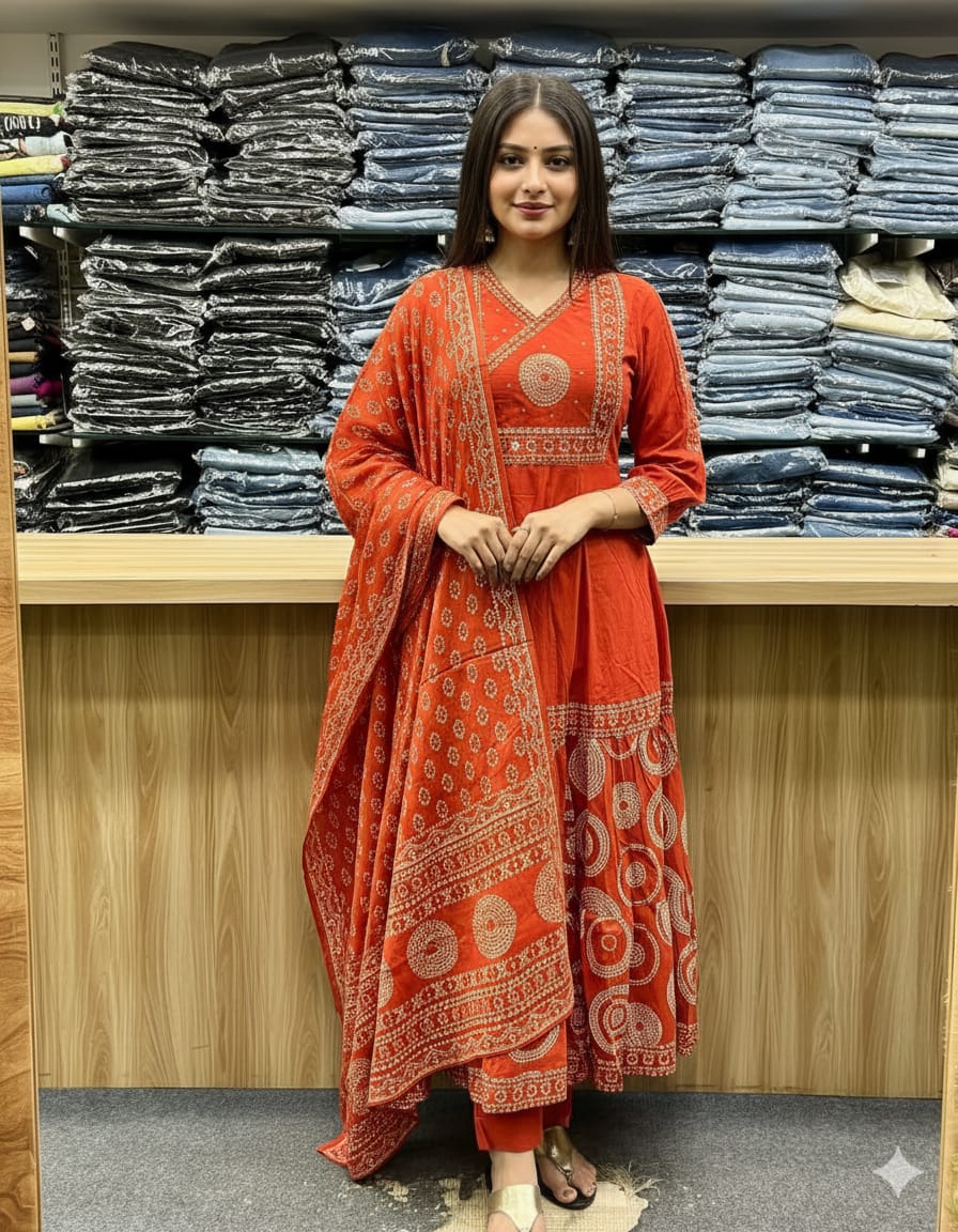 Jaipur Kurta Rust Orange Printed Kurta Set with Dupatta