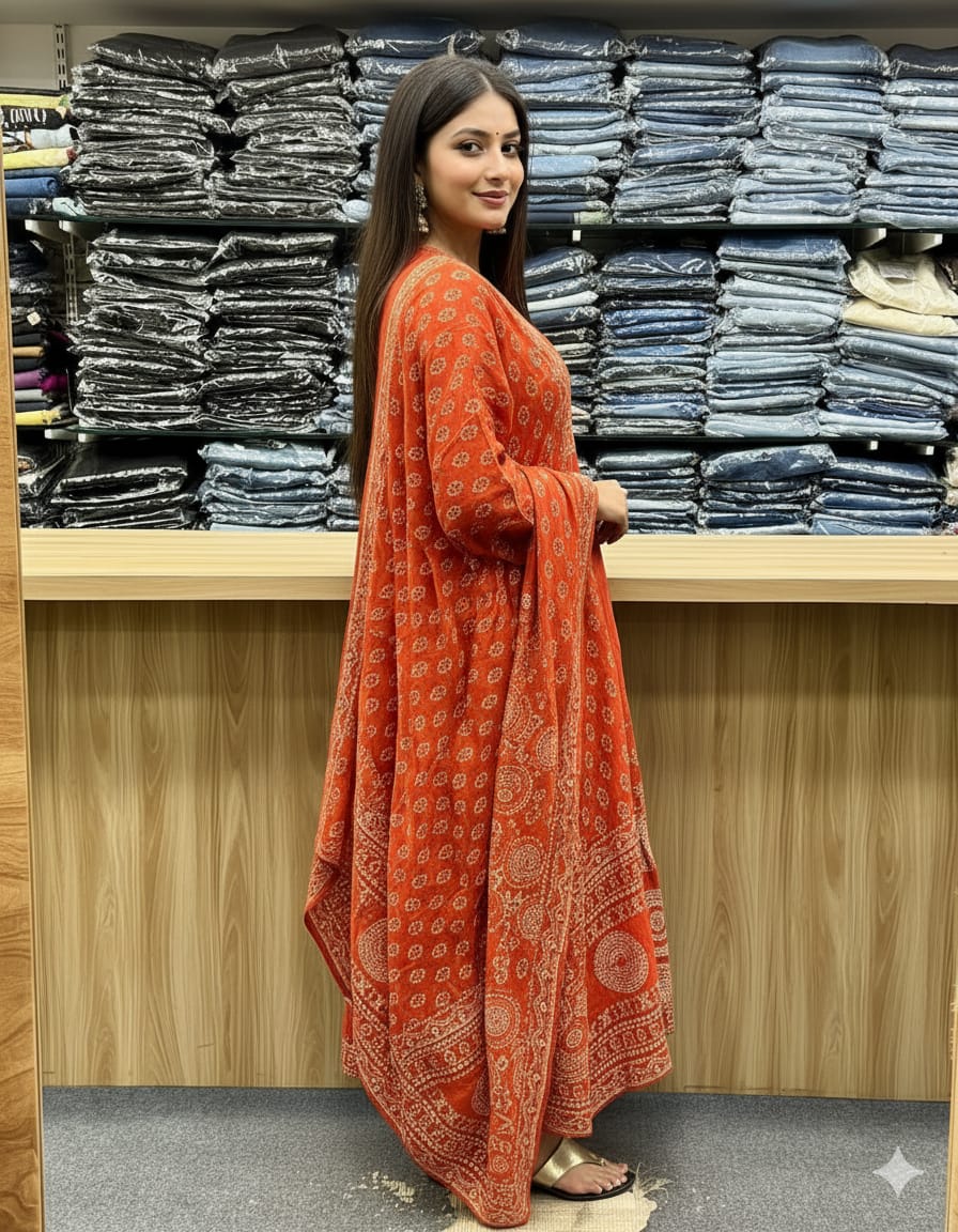 Jaipur Kurta Rust Orange Printed Kurta Set with Dupatta