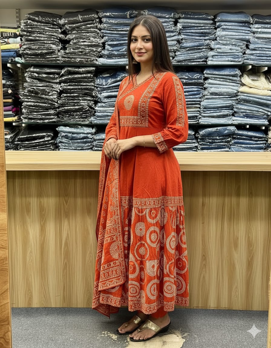 Jaipur Kurta Rust Orange Printed Kurta Set with Dupatta