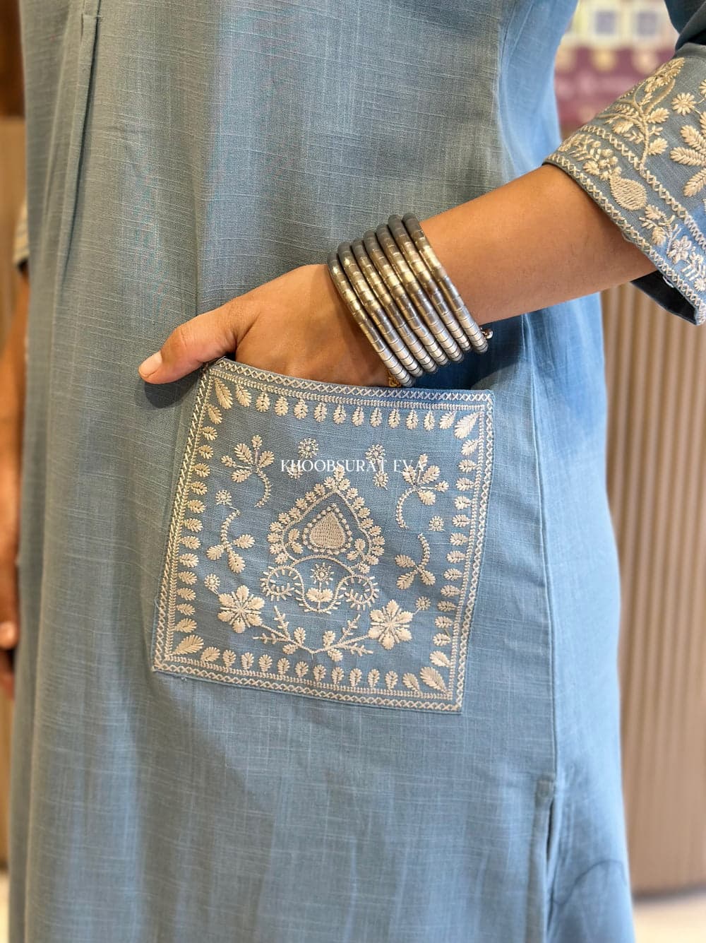 Sky Blue Embroidered Cotton Kurti With Pant & Dupatta Set | For Women