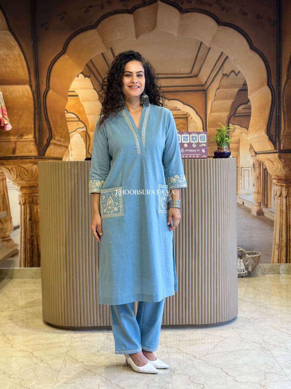 Sky Blue Embroidered Cotton Kurti With Pant & Dupatta Set | For Women