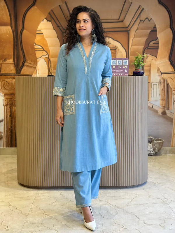Sky Blue Embroidered Cotton Kurti With Pant & Dupatta Set | For Women