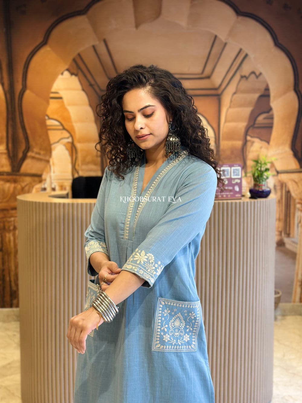Sky Blue Embroidered Cotton Kurti With Pant & Dupatta Set | For Women