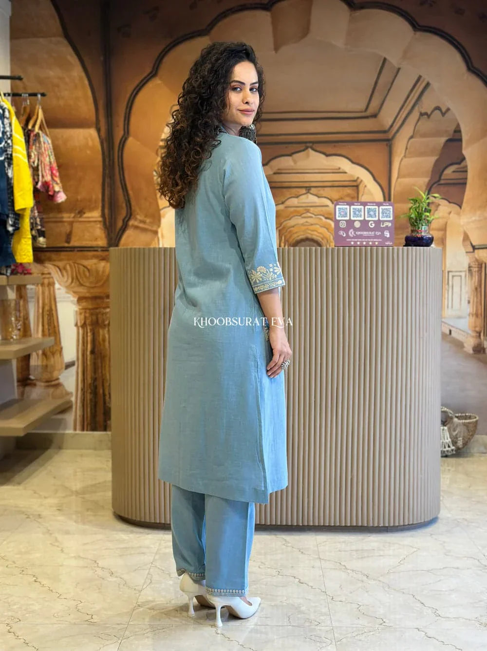 Sky Blue Embroidered Cotton Kurti With Pant & Dupatta Set | For Women