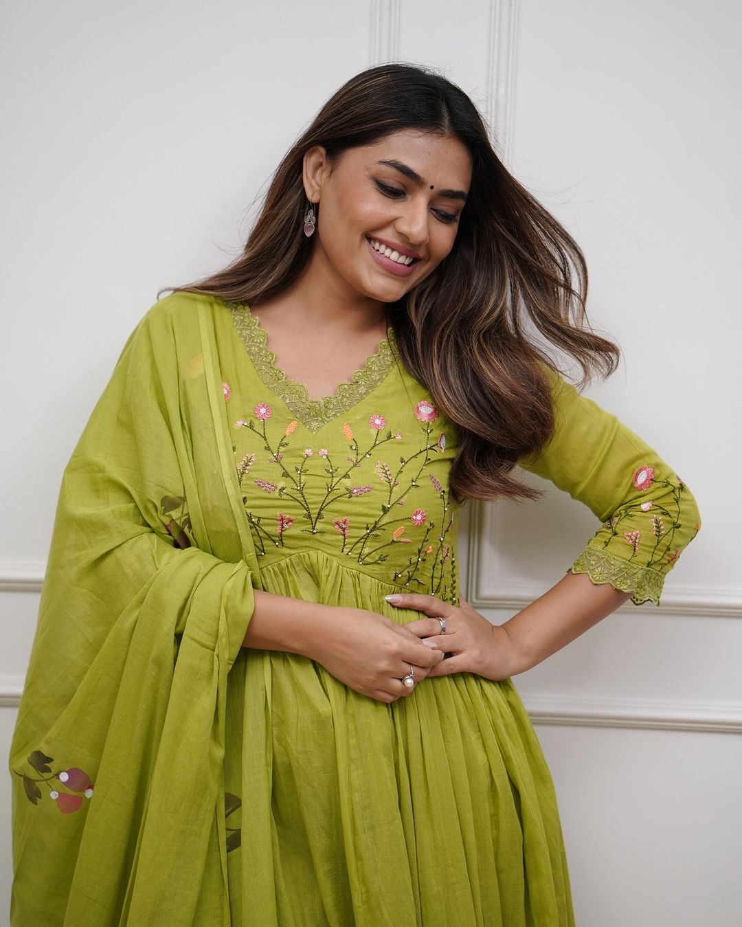 Green Embroidered Sequence Cotton Kurti With Pant & Dupatta Set | For Women