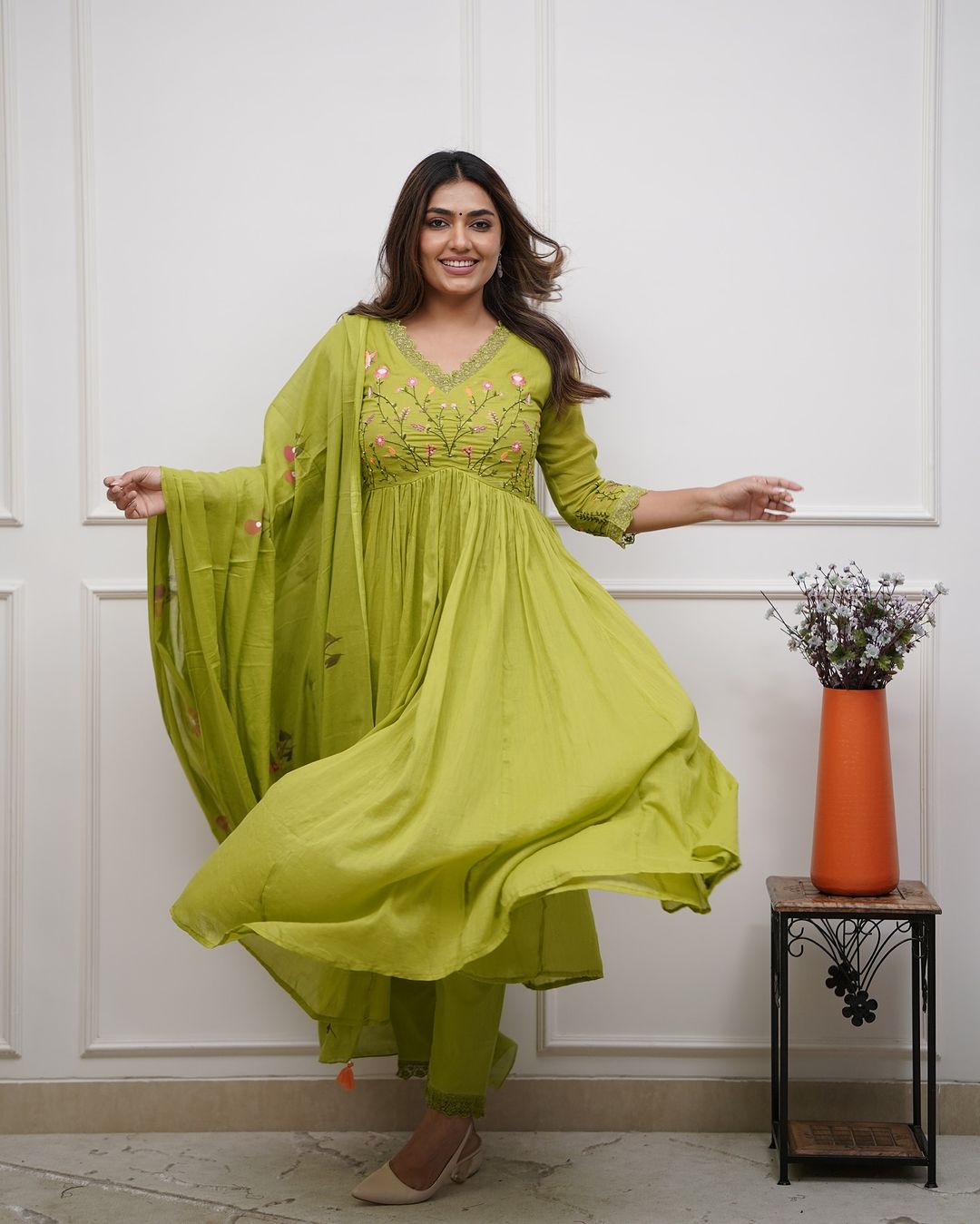 Green Embroidered Sequence Cotton Kurti With Pant & Dupatta Set | For Women