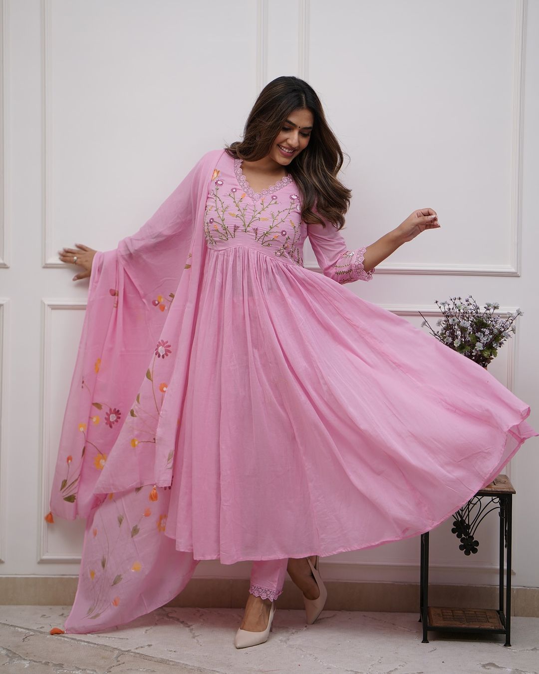 Pink Embroidery Sequence Work Kurti With Pant & Dupatta Set | For Women