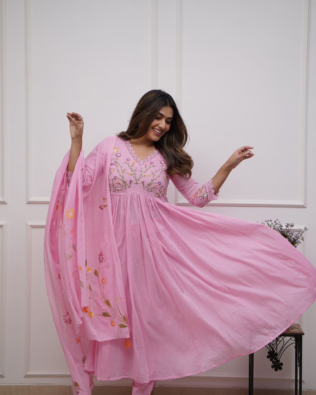 Pink Embroidery Sequence Work Kurti With Pant & Dupatta Set | For Women