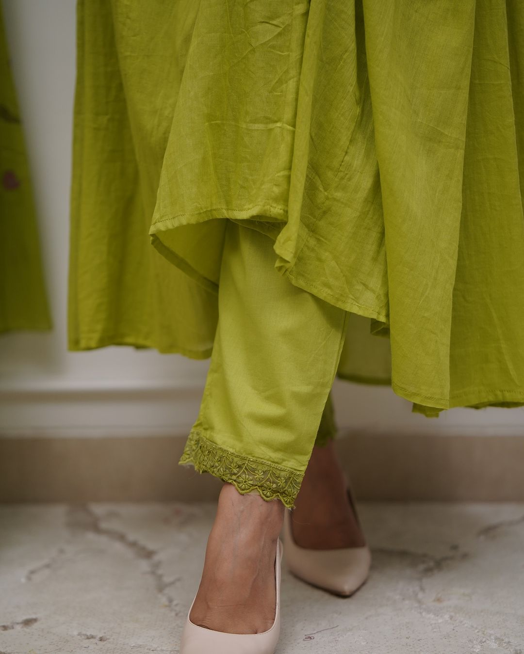 Green Embroidered Sequence Cotton Kurti With Pant & Dupatta Set | For Women