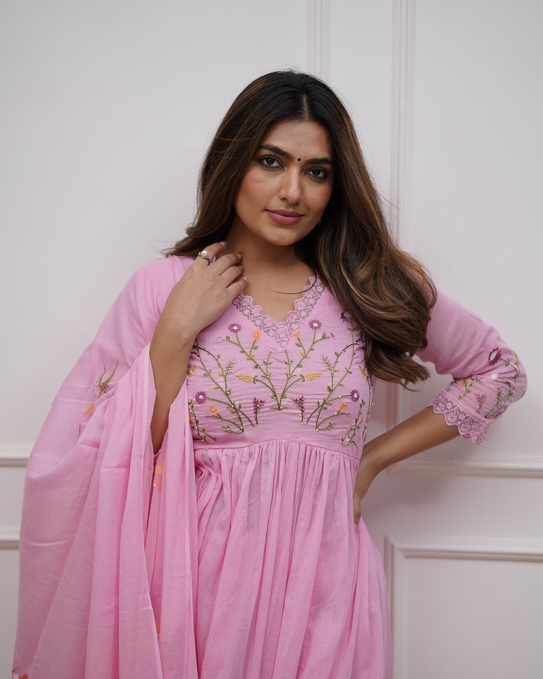 Pink Embroidery Sequence Work Kurti With Pant & Dupatta Set | For Women