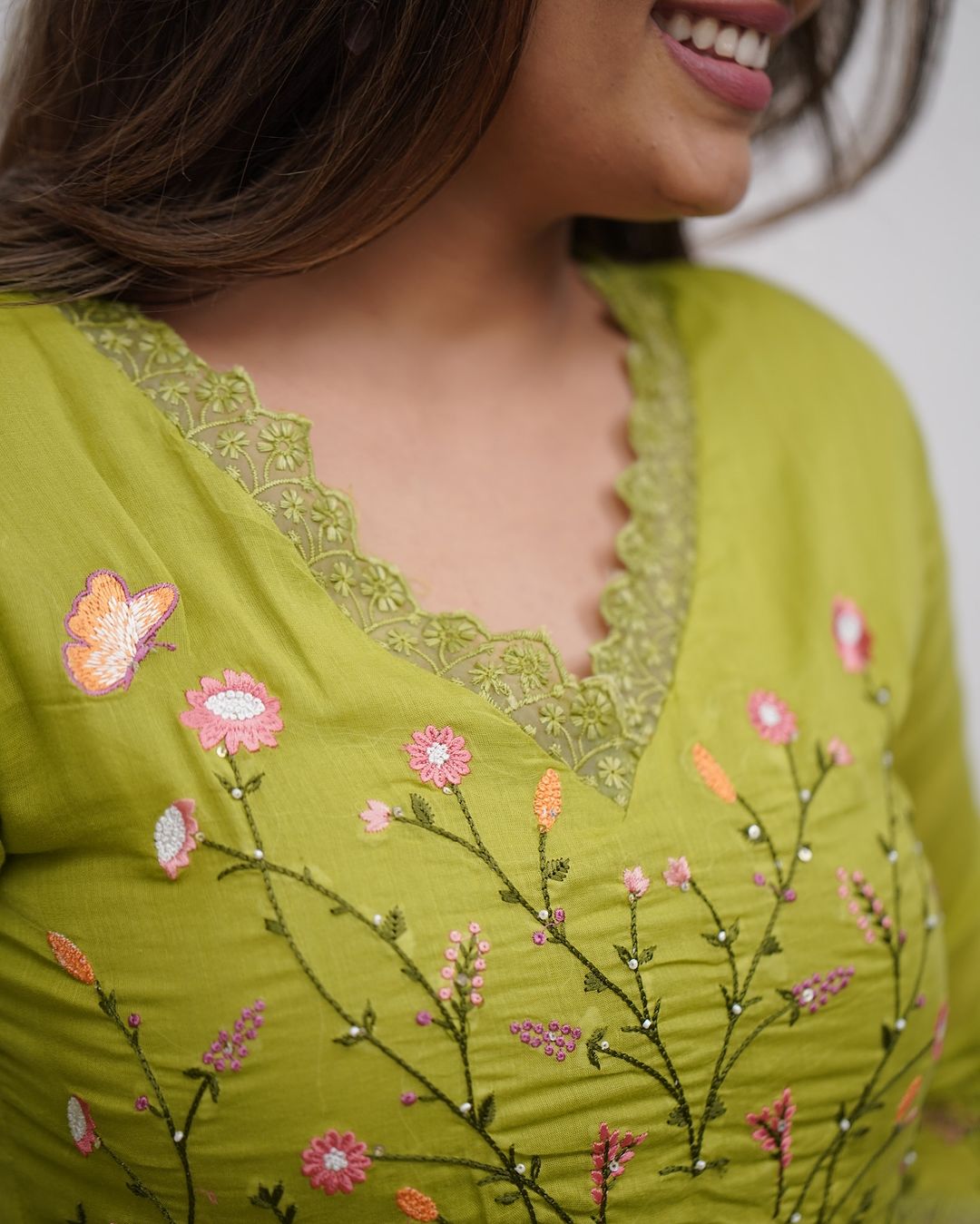 Green Embroidered Sequence Cotton Kurti With Pant & Dupatta Set | For Women