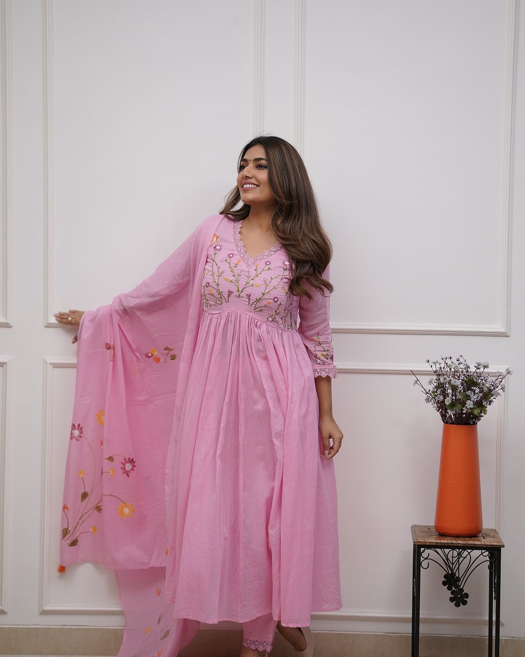 Pink Embroidery Sequence Work Kurti With Pant & Dupatta Set | For Women