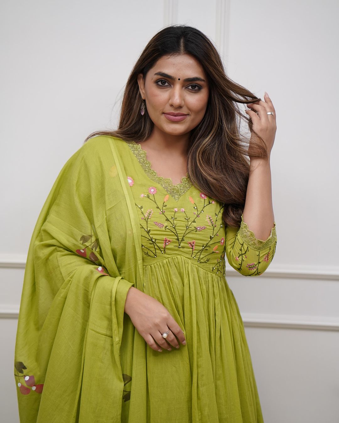 Green Embroidered Sequence Cotton Kurti With Pant & Dupatta Set | For Women