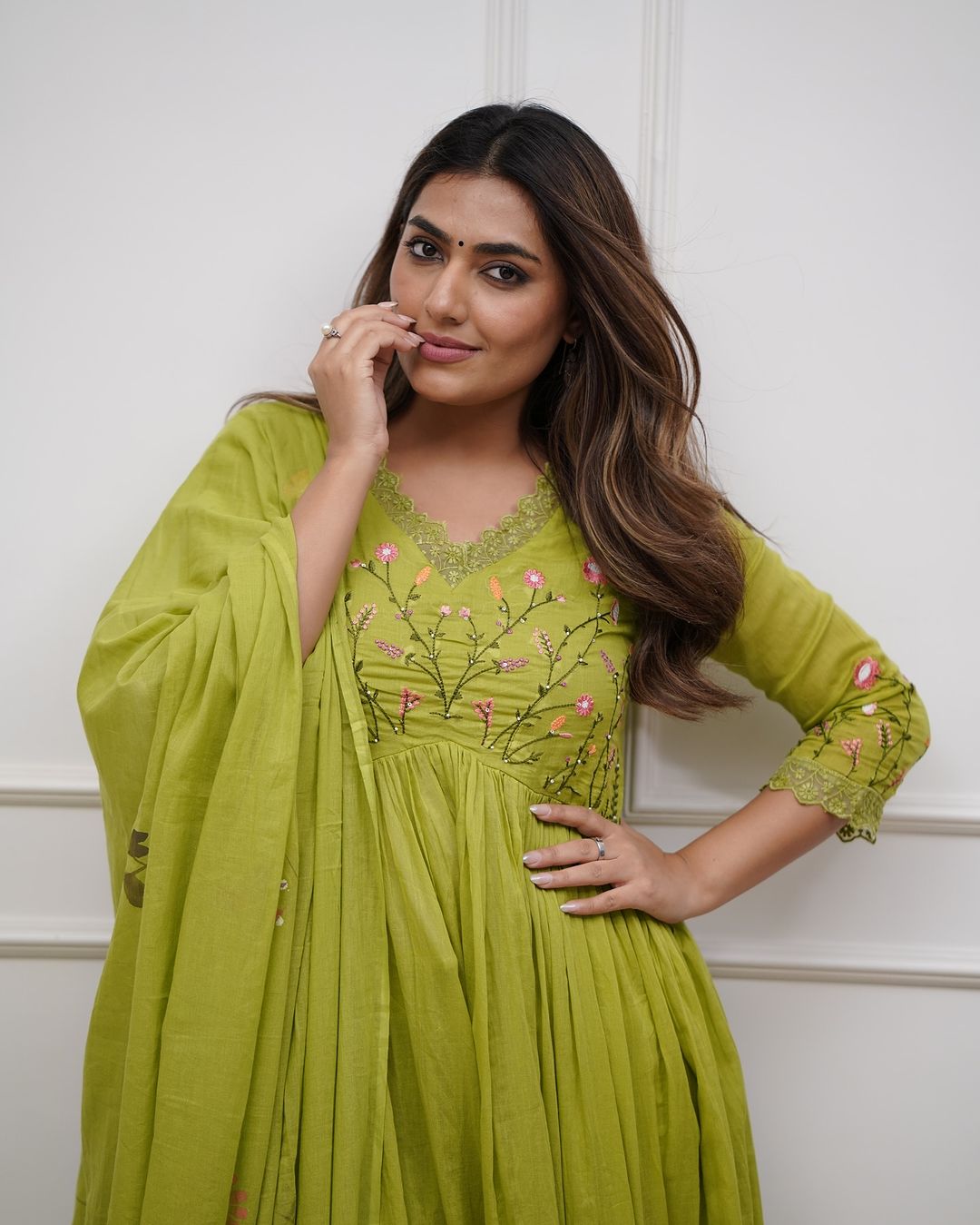 Green Embroidered Sequence Cotton Kurti With Pant & Dupatta Set | For Women