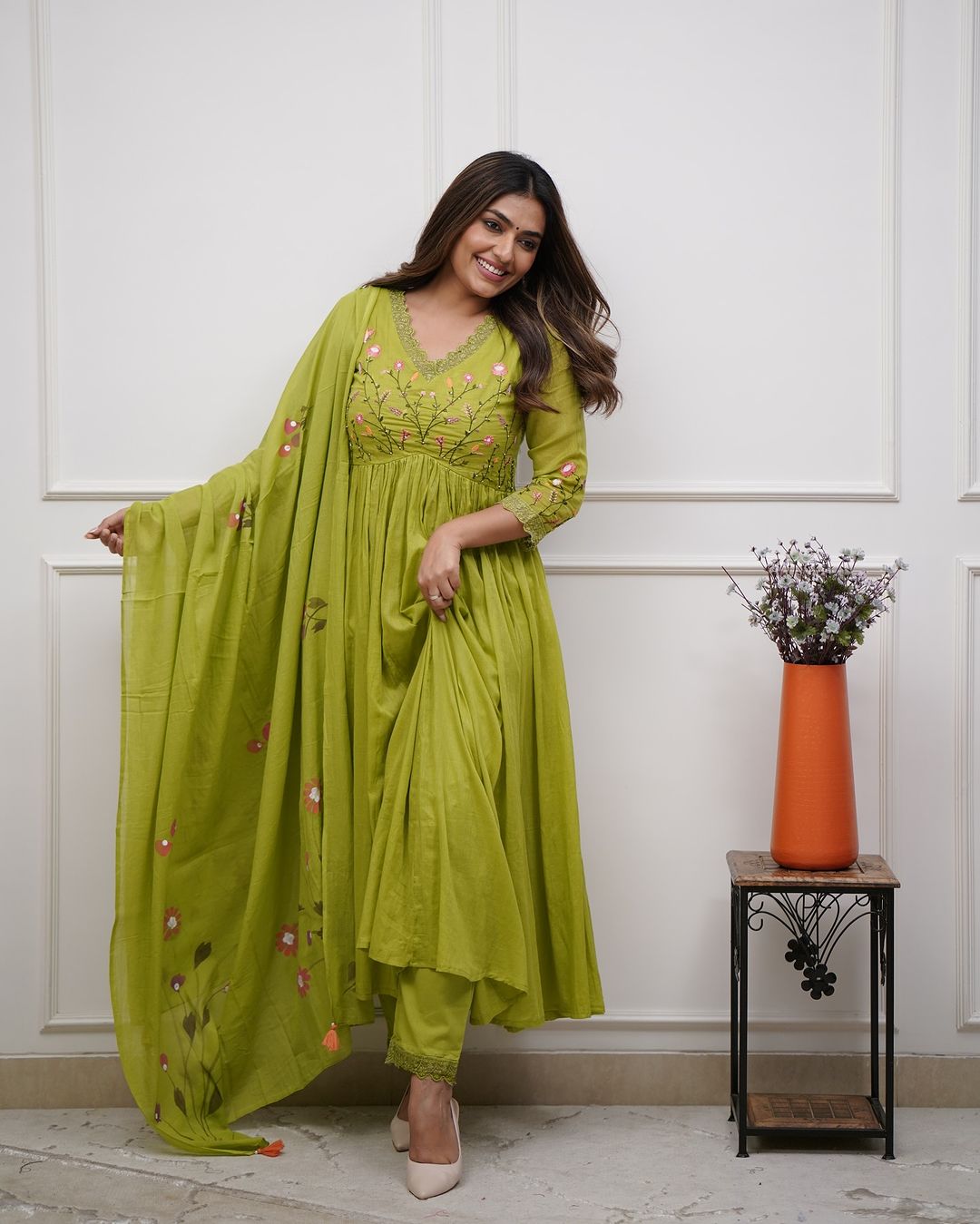 Green Embroidered Sequence Cotton Kurti With Pant & Dupatta Set | For Women