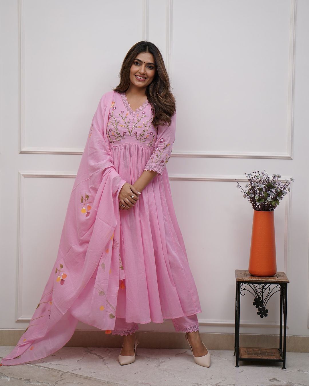 Pink Embroidery Sequence Work Kurti With Pant & Dupatta Set | For Women