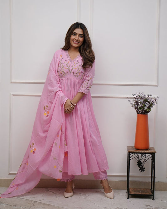 Pink Embroidery Sequence Work Kurti With Pant & Dupatta Set | For Women