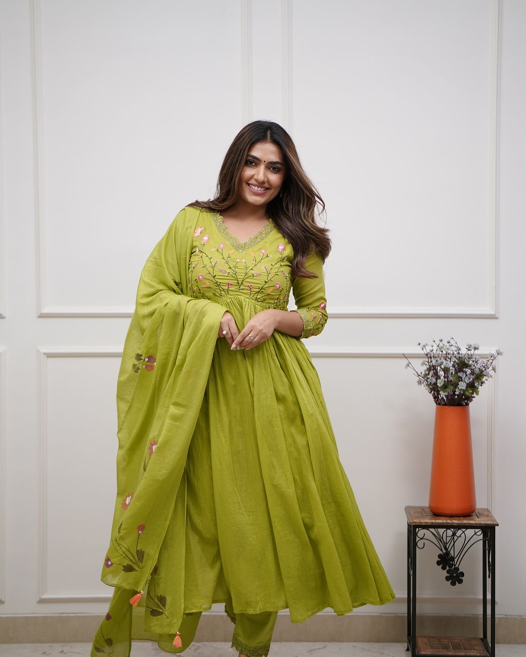 Green Embroidered Sequence Cotton Kurti With Pant & Dupatta Set | For Women