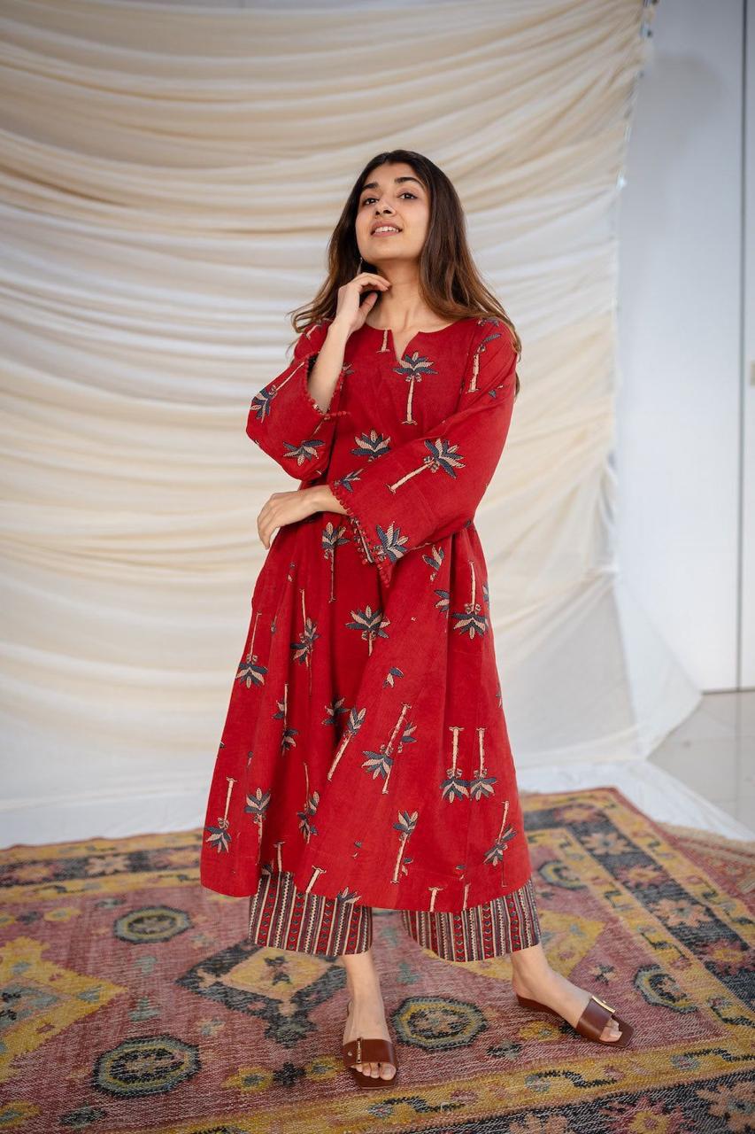 Red Cotton Printed Co-Ord Set | For Women