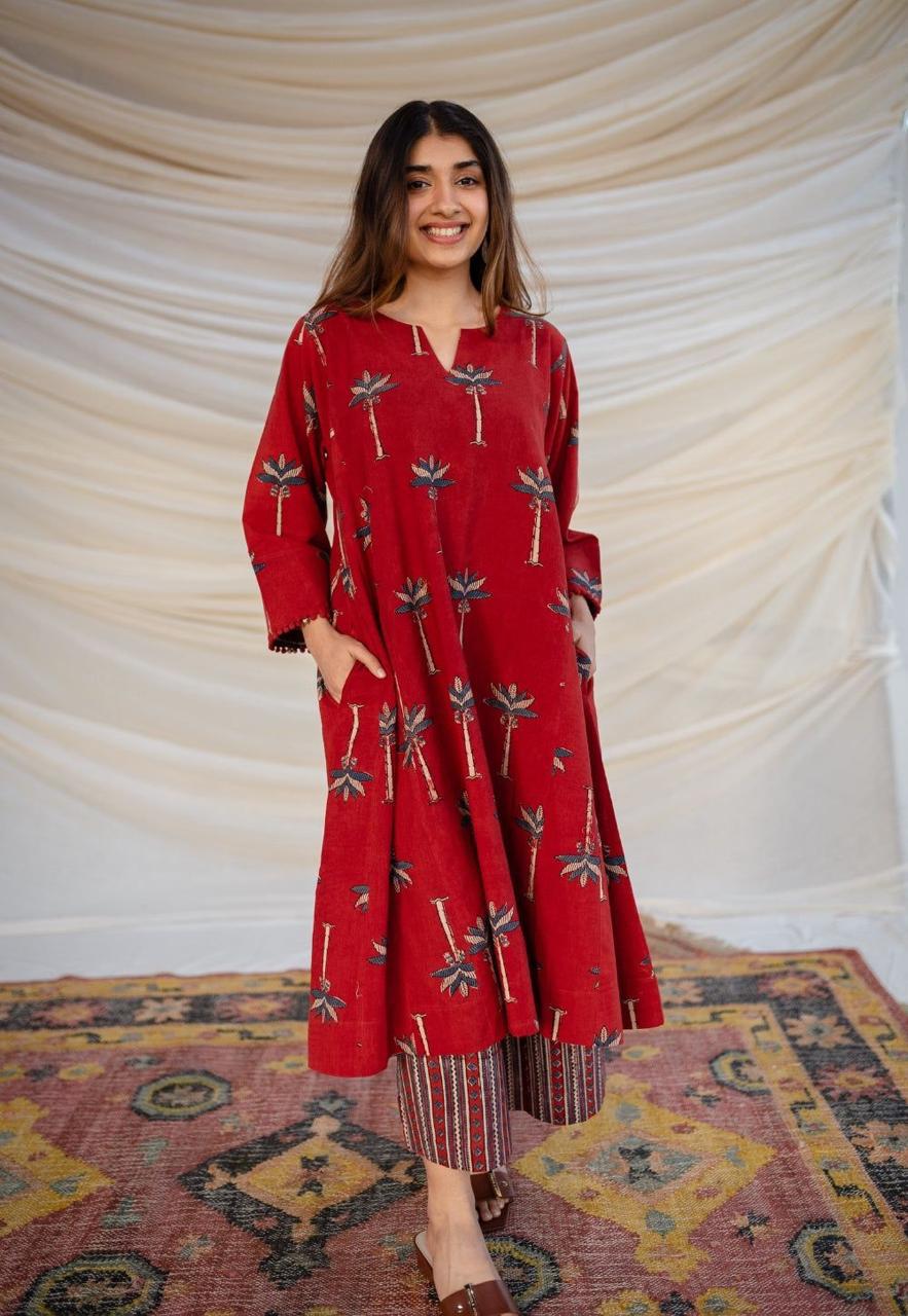 Red Cotton Printed Co-Ord Set | For Women