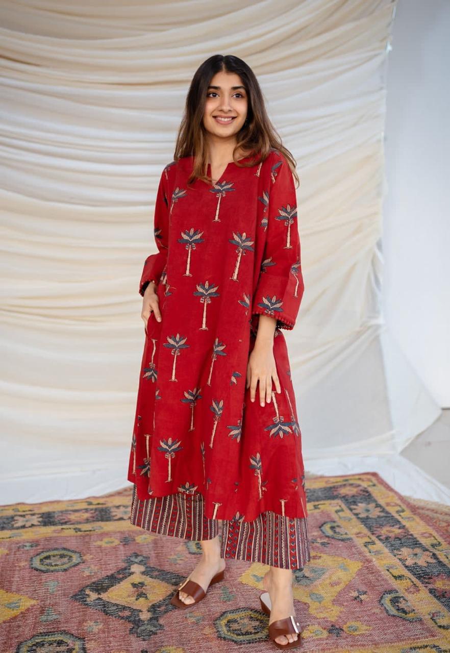 Red Cotton Printed Co-Ord Set | For Women