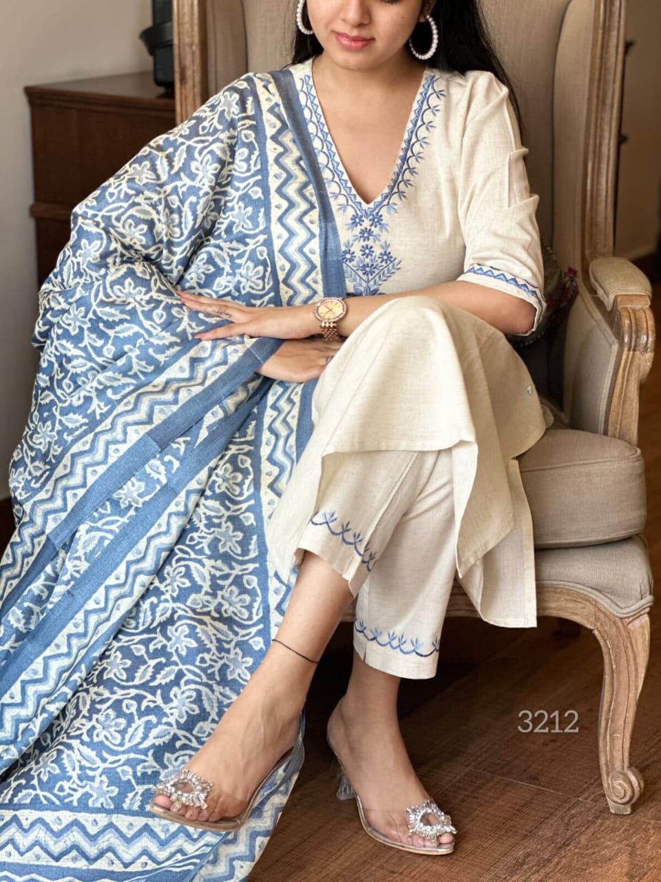 Off White Embroidered Cotton Kurti With Pant & Dupatta Set | For Women