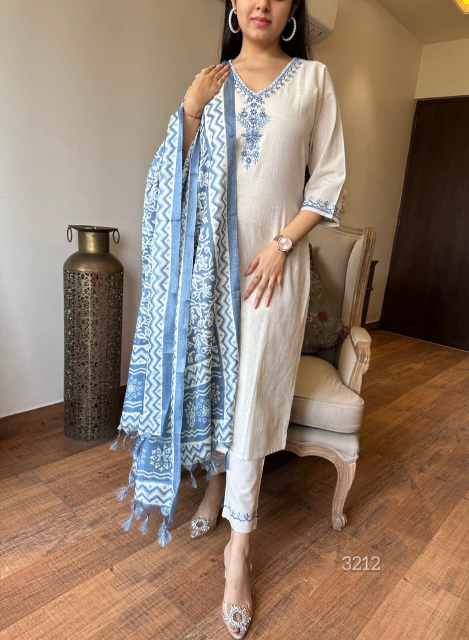 Off White Embroidered Cotton Kurti With Pant & Dupatta Set | For Women