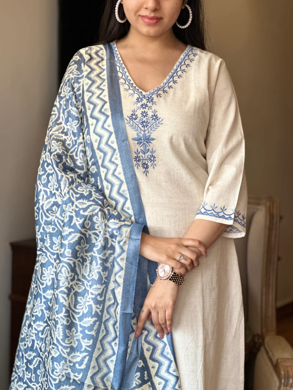 Off White Embroidered Cotton Kurti With Pant & Dupatta Set | For Women