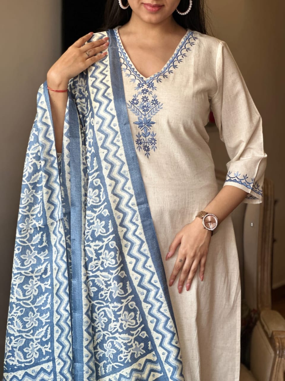 Off White Embroidered Cotton Kurti With Pant & Dupatta Set | For Women